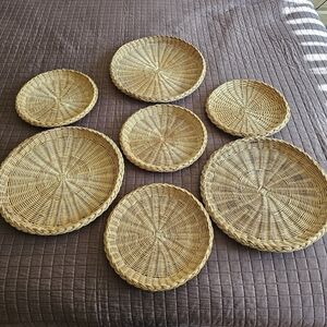 Collection 7-Piece Set Wicker Rattan Bamboo Boho Decorative Wall Collage Tan